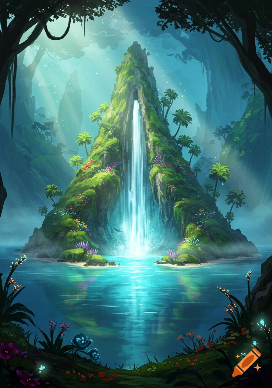 Vibrant fantasy art of a mystical island with a tall waterfall, lush foliage, glowing plants, and a luminous lake.