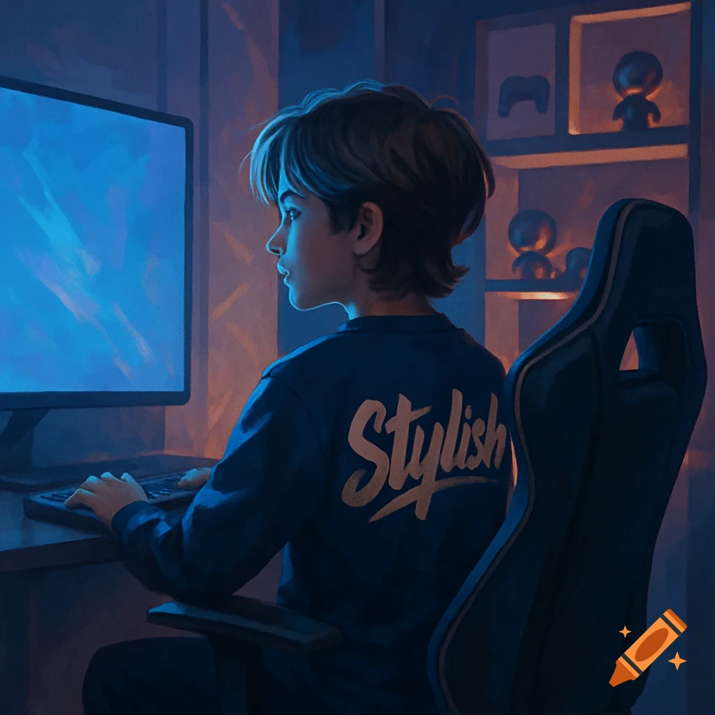 A stylish boy with short hair sits in a gaming chair, looking at a glowing computer screen in a dimly lit, decorated room.