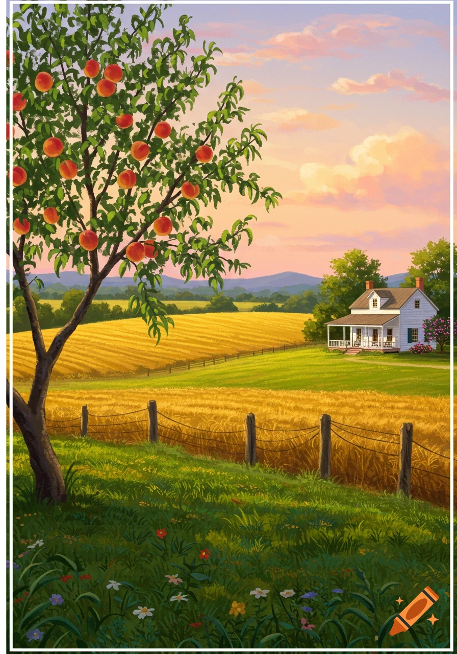 A vibrant painting of a rural landscape with a peach tree, golden fields, a white farmhouse, and mountains under a colorful sunset sky.