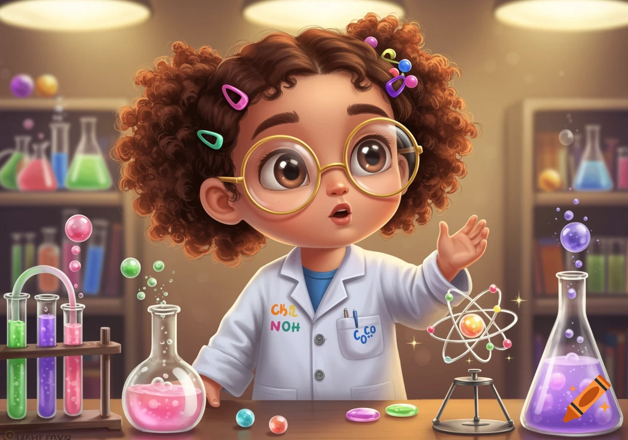 A cute, curly-haired cartoon child in a lab coat and glasses, surrounded by colorful science beakers, test tubes, and an atom model.