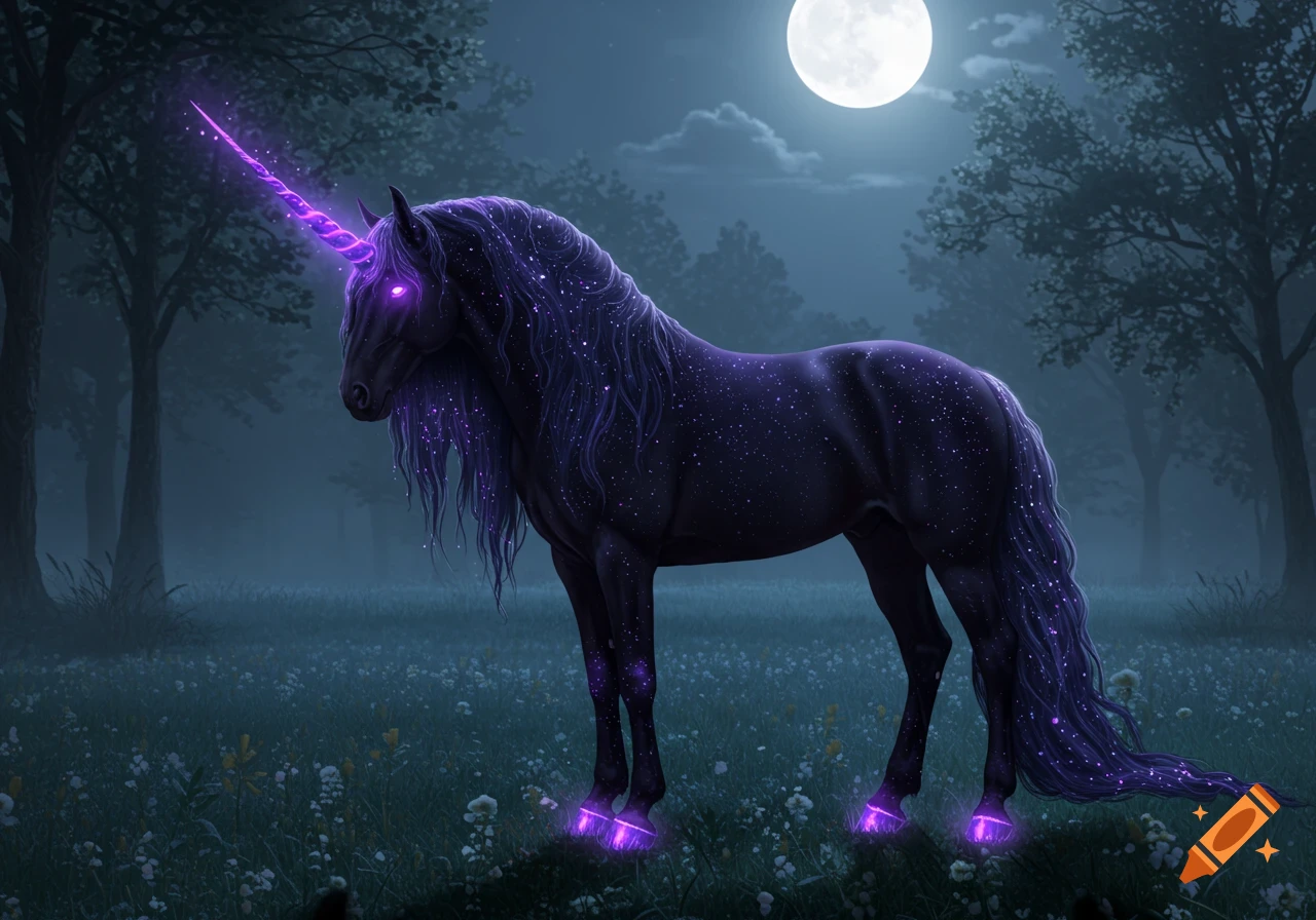 A dark unicorn with glowing purple horn, eyes, and hooves stands in a misty forest under a full moon. Its body, mane, and tail sparkle.