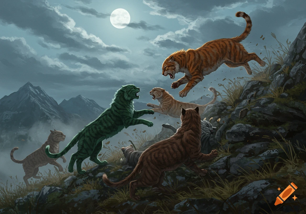 Several stylized, colorful cats, including green and orange, fight and leap on a rocky hillside under a full moon at night.