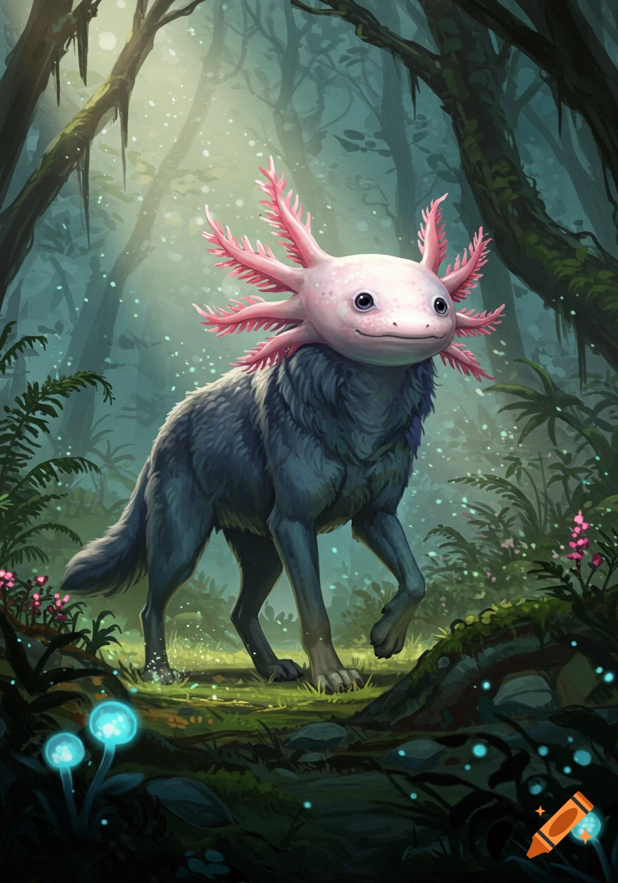 A fantastical axolotl-headed wolf walks through a glowing, mystical forest with blue mushrooms, digital painting.