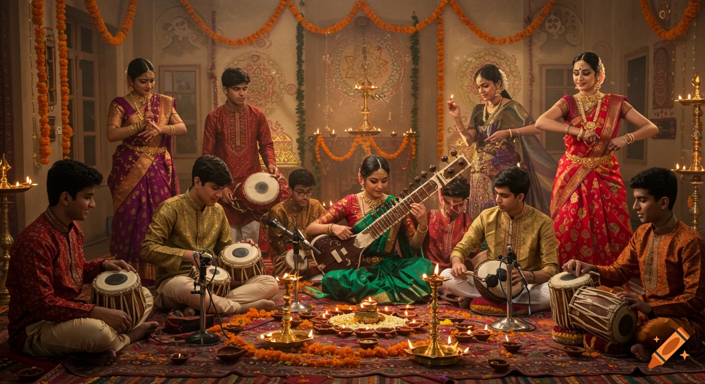 Photorealistic scene of a Diwali celebration, with young adults in traditional attire playing Indian classical instruments like sitar and tabla, surrounded by glowing diya lamps and marigold garlands.