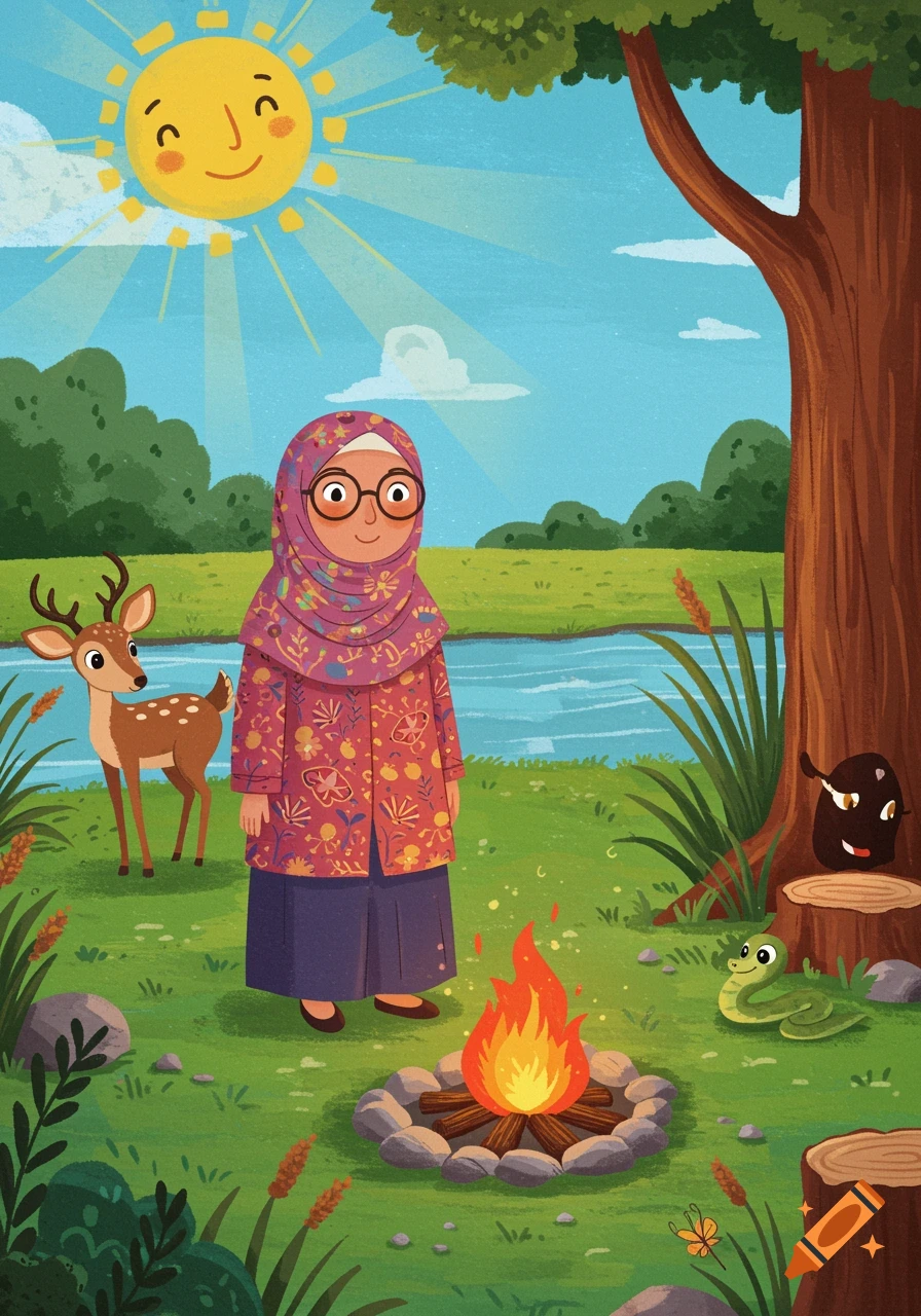 Children's illustration of a woman in a hijab and glasses, a deer, and a campfire by a river under a smiling sun.