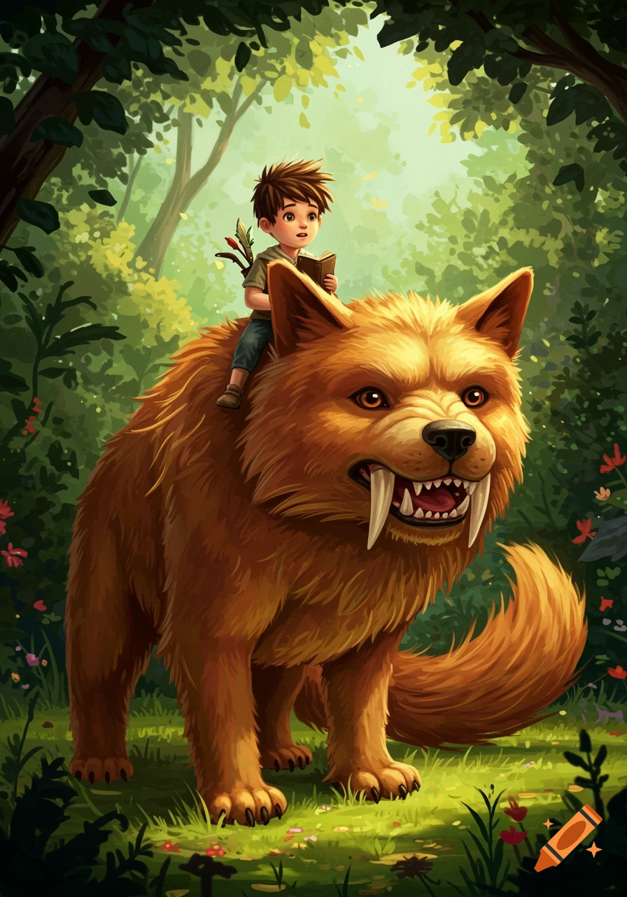 A cartoon boy reading a book while riding a large, orange saber-toothed creature through a sunny, green forest.