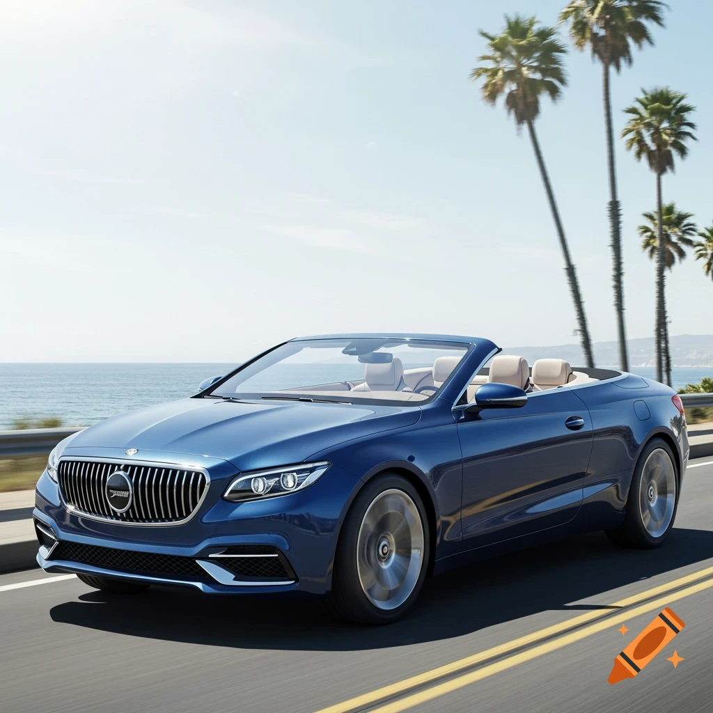 A blue convertible car drives on a coastal road with palm trees and the ocean under a clear sky.