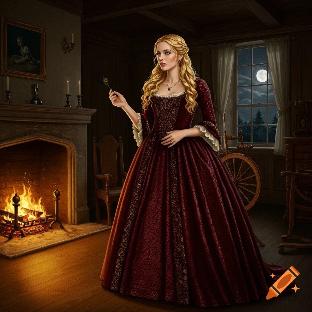 A blonde woman in a red historical gown stands in a dimly lit room with a fireplace and a moonlit window.