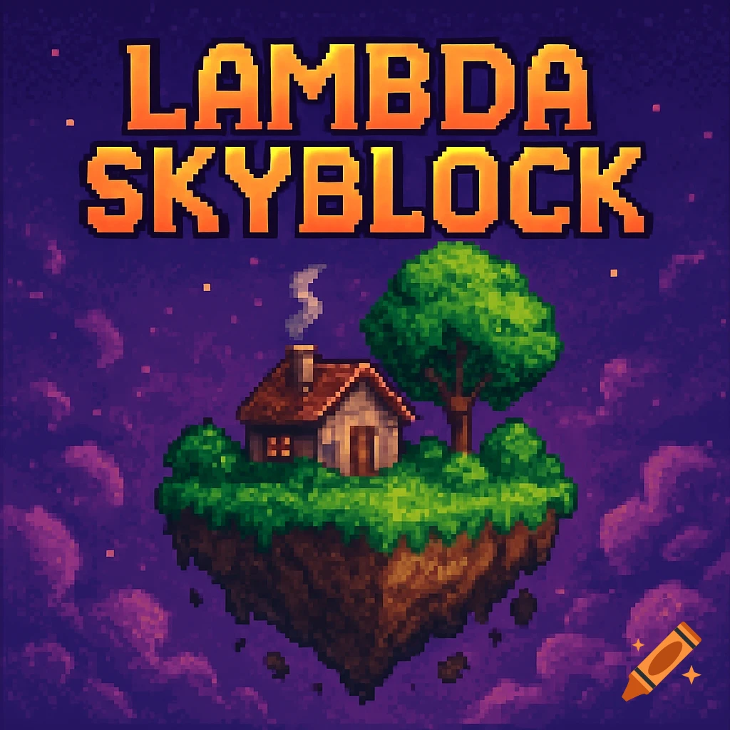 Pixel art of "LAMBDA SKYBLOCK" text over a floating island with a small house and tree, in a purple starry sky with clouds.