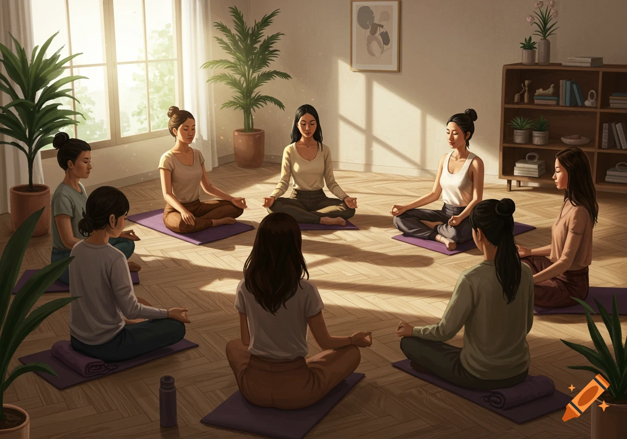 A group of Asian women sitting in a circle on yoga mats, meditating in a sunlit room with plants.
