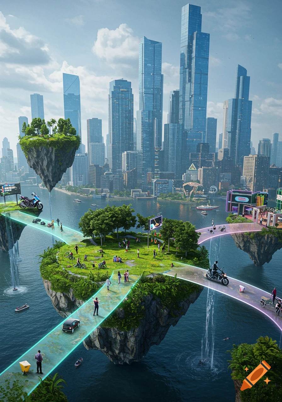 A vibrant, futuristic cityscape with tall skyscrapers and several floating islands connected by glowing pathways over a body of water. People and vehicles are on the pathways and islands.