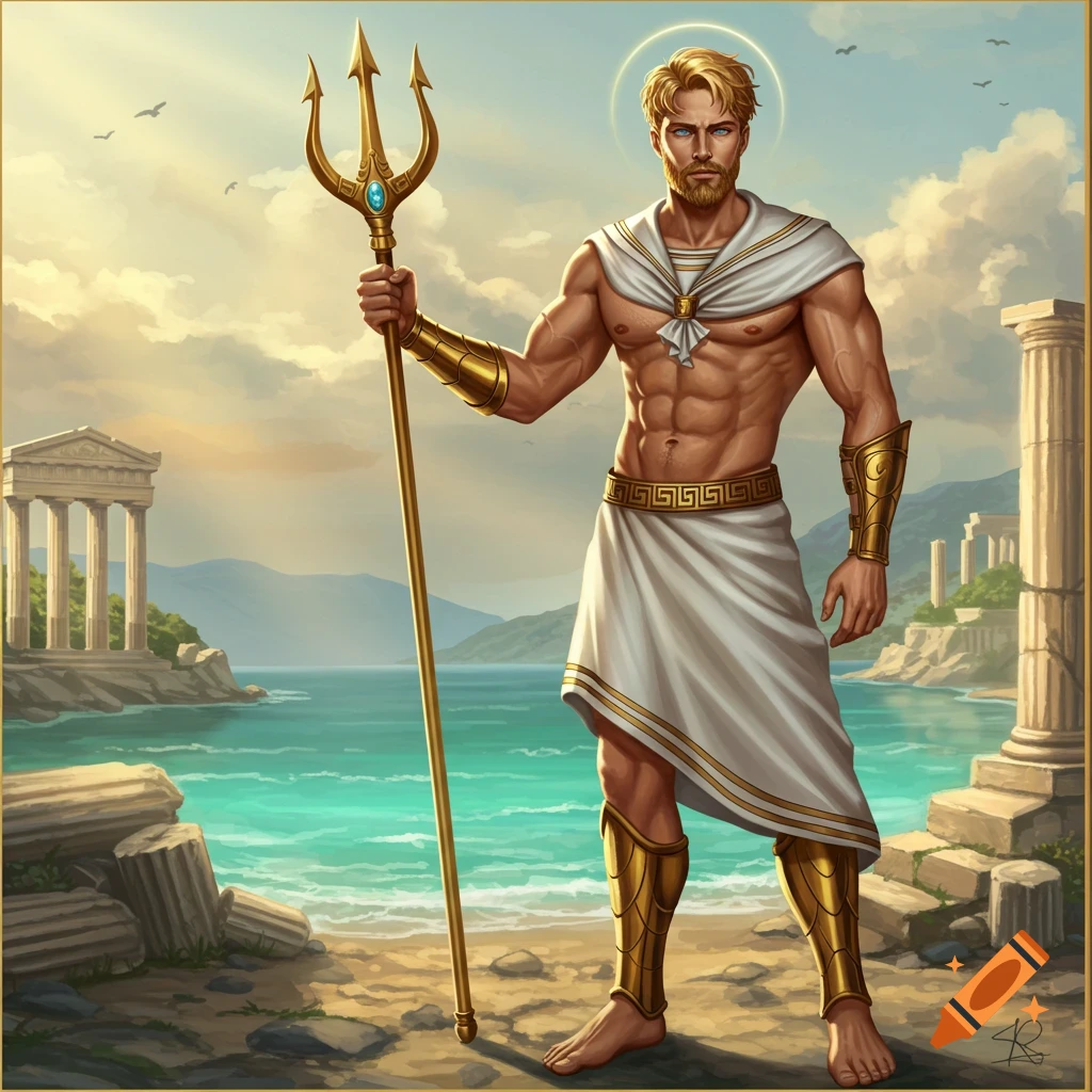 A muscular blonde man with a beard, wearing Greek robes, holding a golden trident on a beach with ruins and turquoise water under a sunny sky.