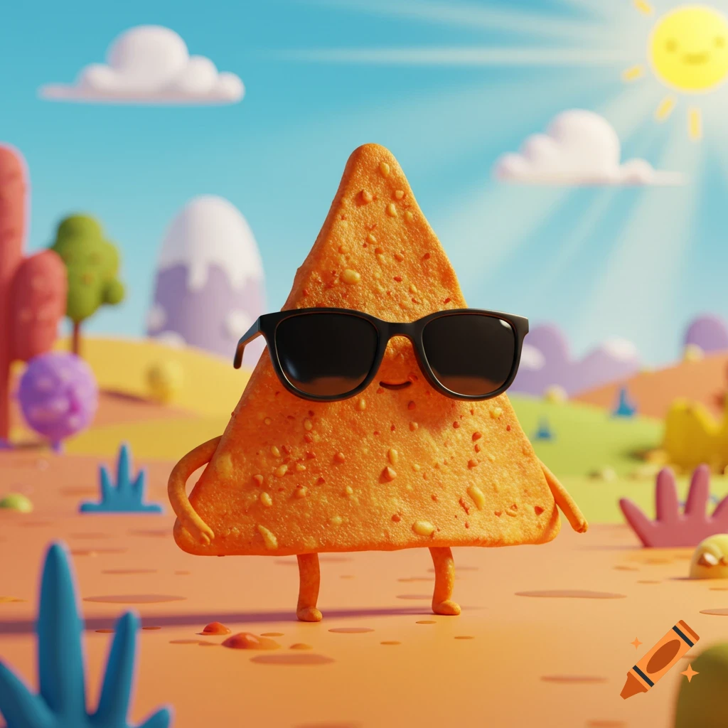 A cool ranch Dorito chip with sunglasses stands in a vibrant, sunny cartoon landscape, in Adventure Time style.
