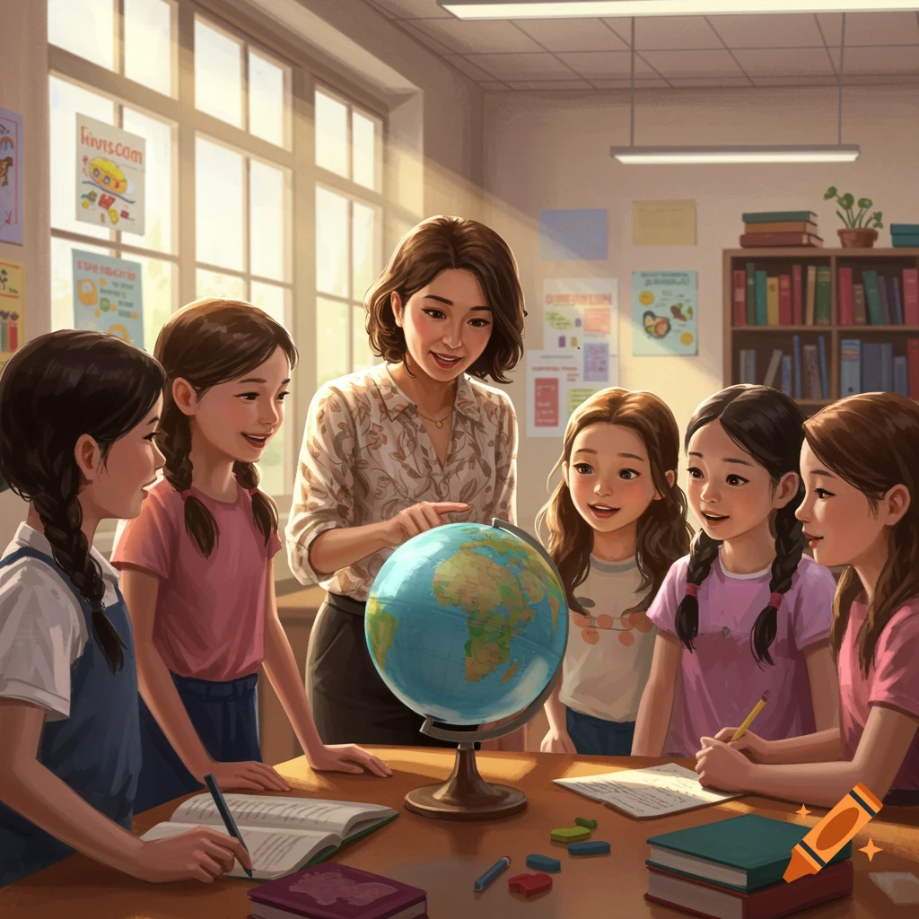 A female teacher points at a globe to several young girl students gathered around a table in a sunlit classroom.