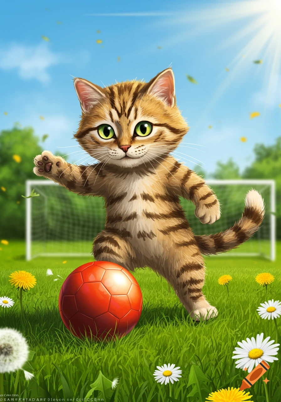 A cute cartoon tabby cat on a sunny green soccer field, standing over a red soccer ball with a goal net in the background.