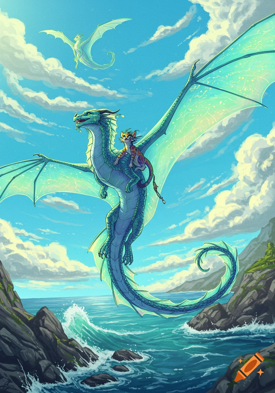 A teal-green dragon carrying a small striped cat flies over an ocean with rocky cliffs under a cloudy blue sky. Another dragon soars in the distance. Illustrated style.