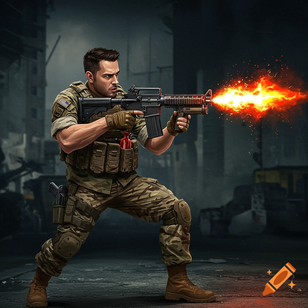 A stylized illustration of a male soldier in camouflage, firing an assault rifle with a fiery red muzzle flash, in a dark, ruined urban setting.