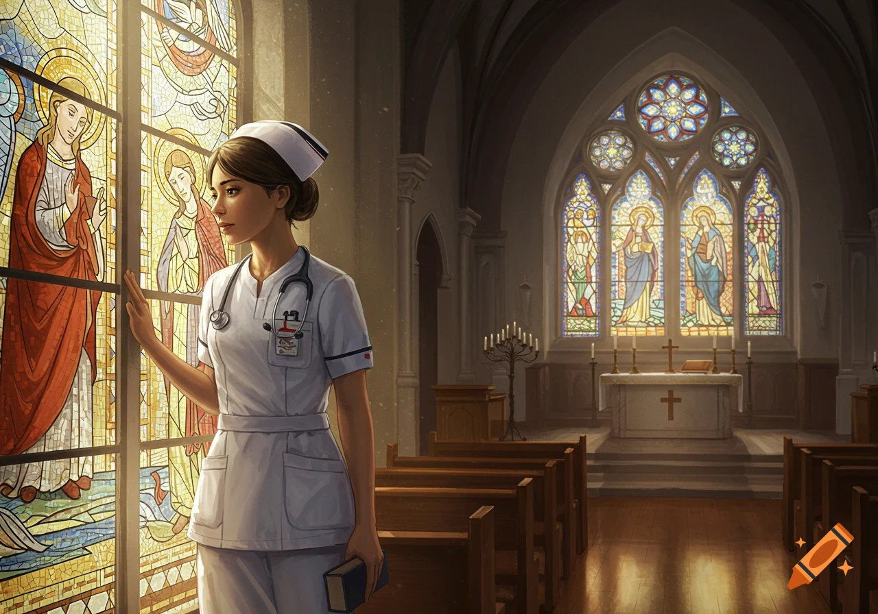 A nurse in scrubs and a cap stands inside a sunlit church, looking at a large stained-glass window with religious figures.