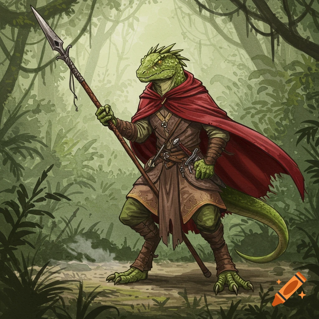 Watercolor illustration of a green lizardfolk wearing a red cloak and holding a spear in a lush jungle.