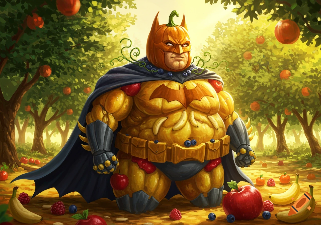A muscular Batman-like character with a pumpkin head, a costume made of bananas and pumpkins, and a blue cape, stands in a sunny fruit orchard among apples and berries.