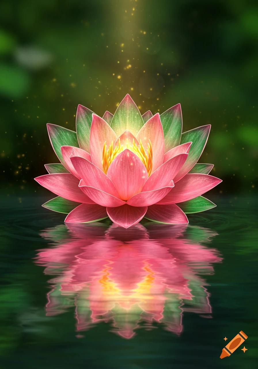 A vibrant pink and green lotus flower floats on dark water, glowing with golden light and reflecting in the ripples.