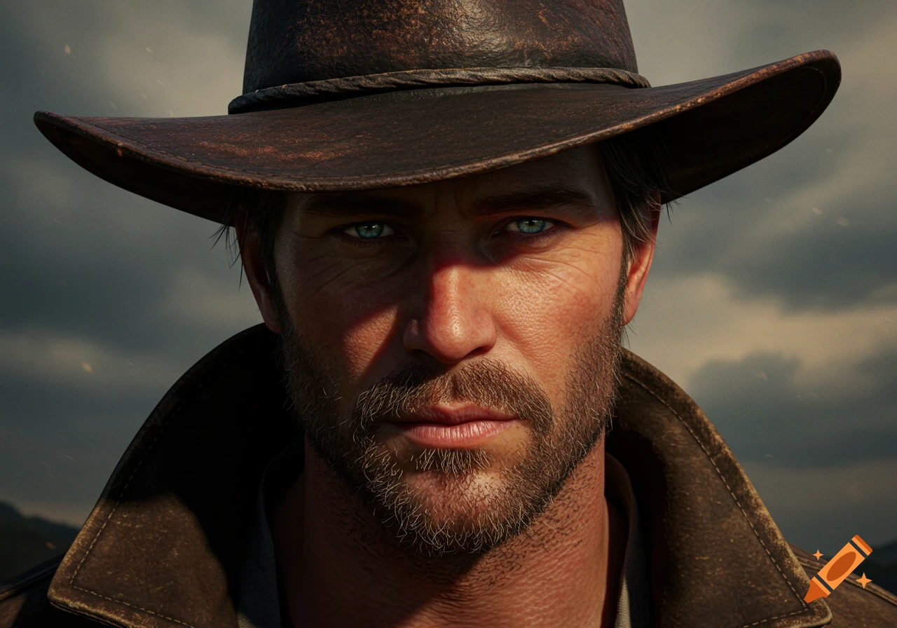 Photorealistic close-up portrait of a rugged man with a beard and blue eyes, wearing a weathered brown cowboy hat.