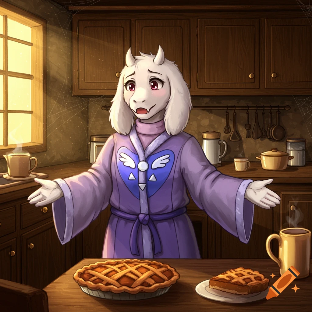 A friendly goat-like monster, Toriel, in a purple robe stands in a cozy kitchen with two freshly baked pies on the table.