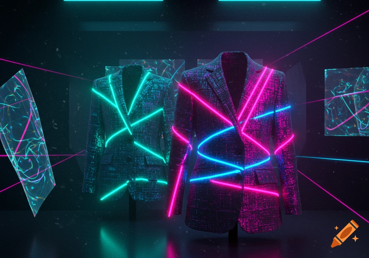 Two blazers illuminated by vibrant green, pink, and blue neon lights in a dark, futuristic setting with laser lines.
