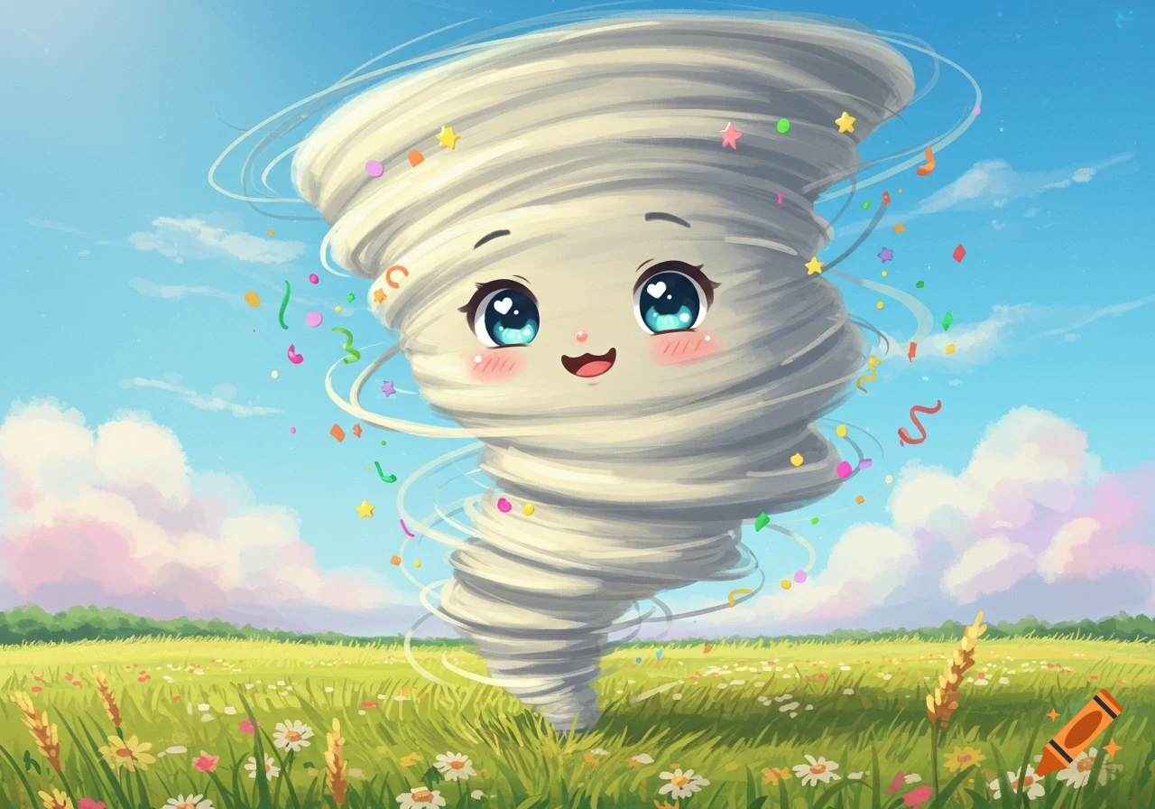 A cute, smiling anime tornado made of clouds, surrounded by colorful confetti, stands in a vibrant green field with flowers under a bright blue sky.