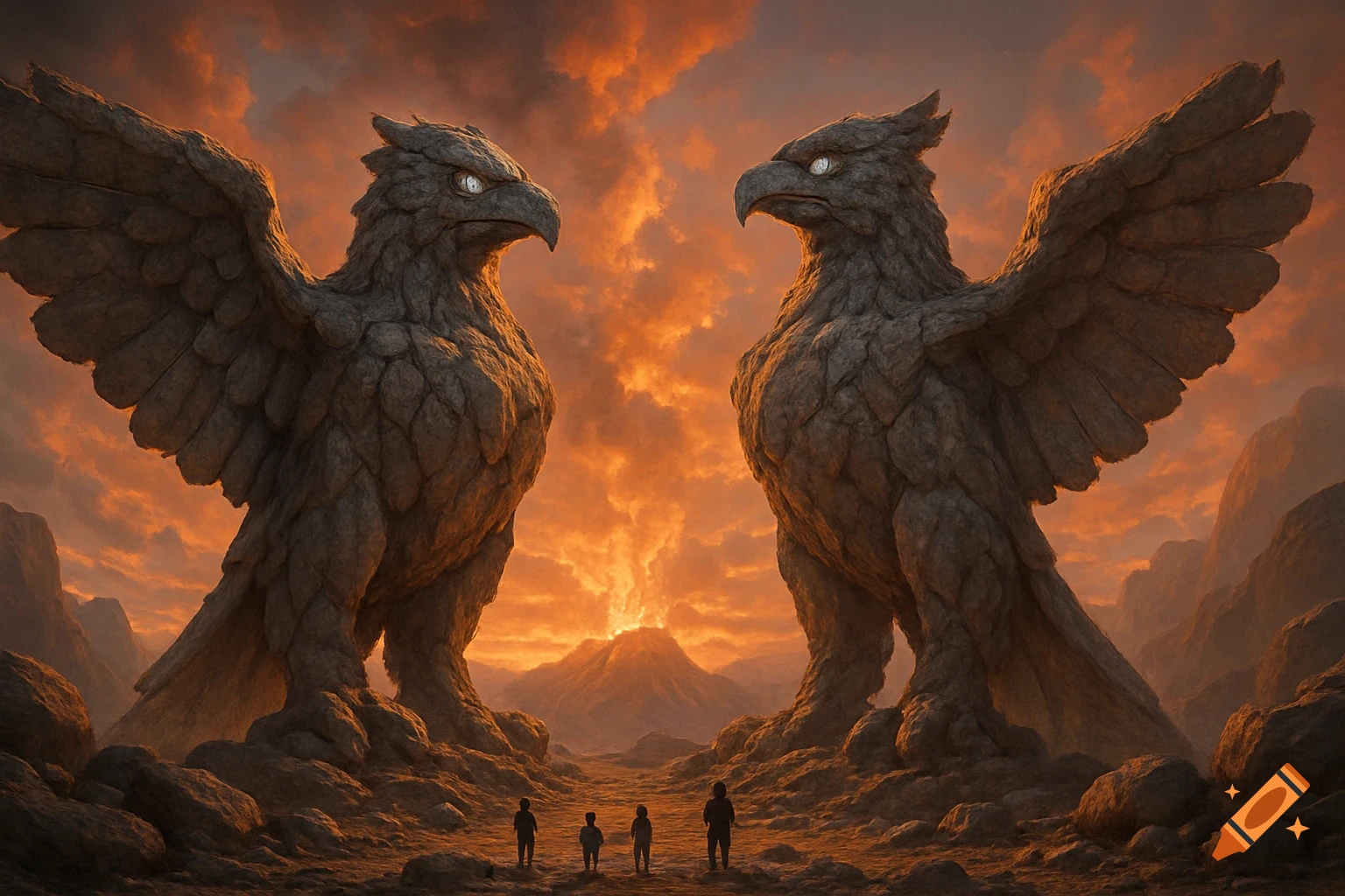 Two colossal rock griffins stand over small human figures, facing an erupting volcano under a fiery orange sky.