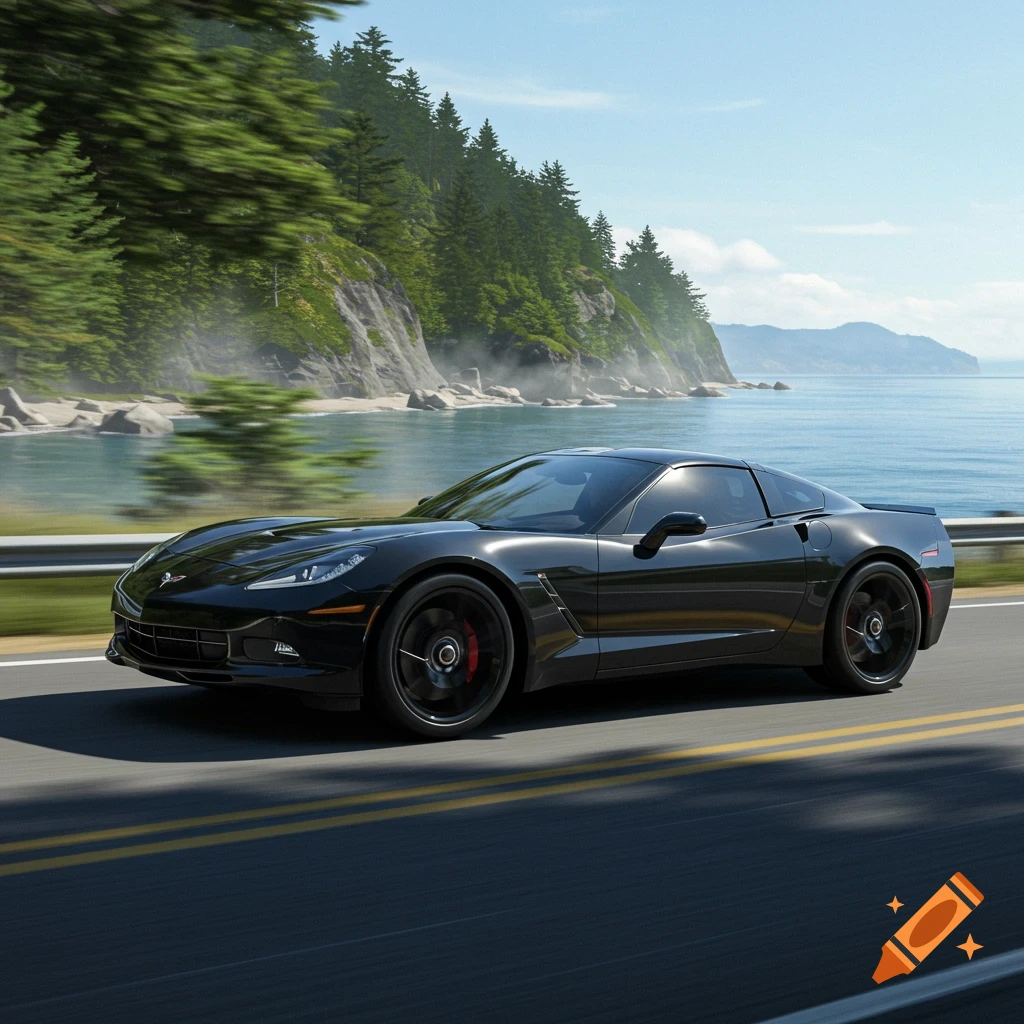 A black Chevrolet Corvette car speeds along a coastal road with a forest and ocean in the background.