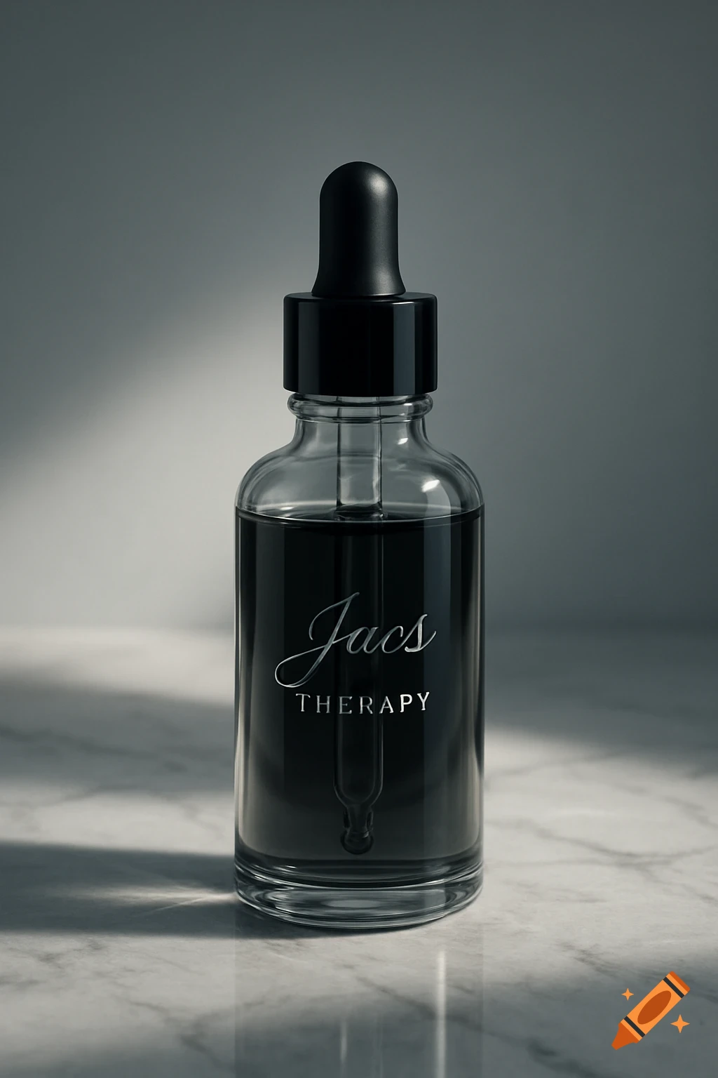 A photorealistic shot of a clear glass serum bottle with a black dropper, filled with dark liquid, labeled 'Jacs THERAPY', resting on a white marble surface.