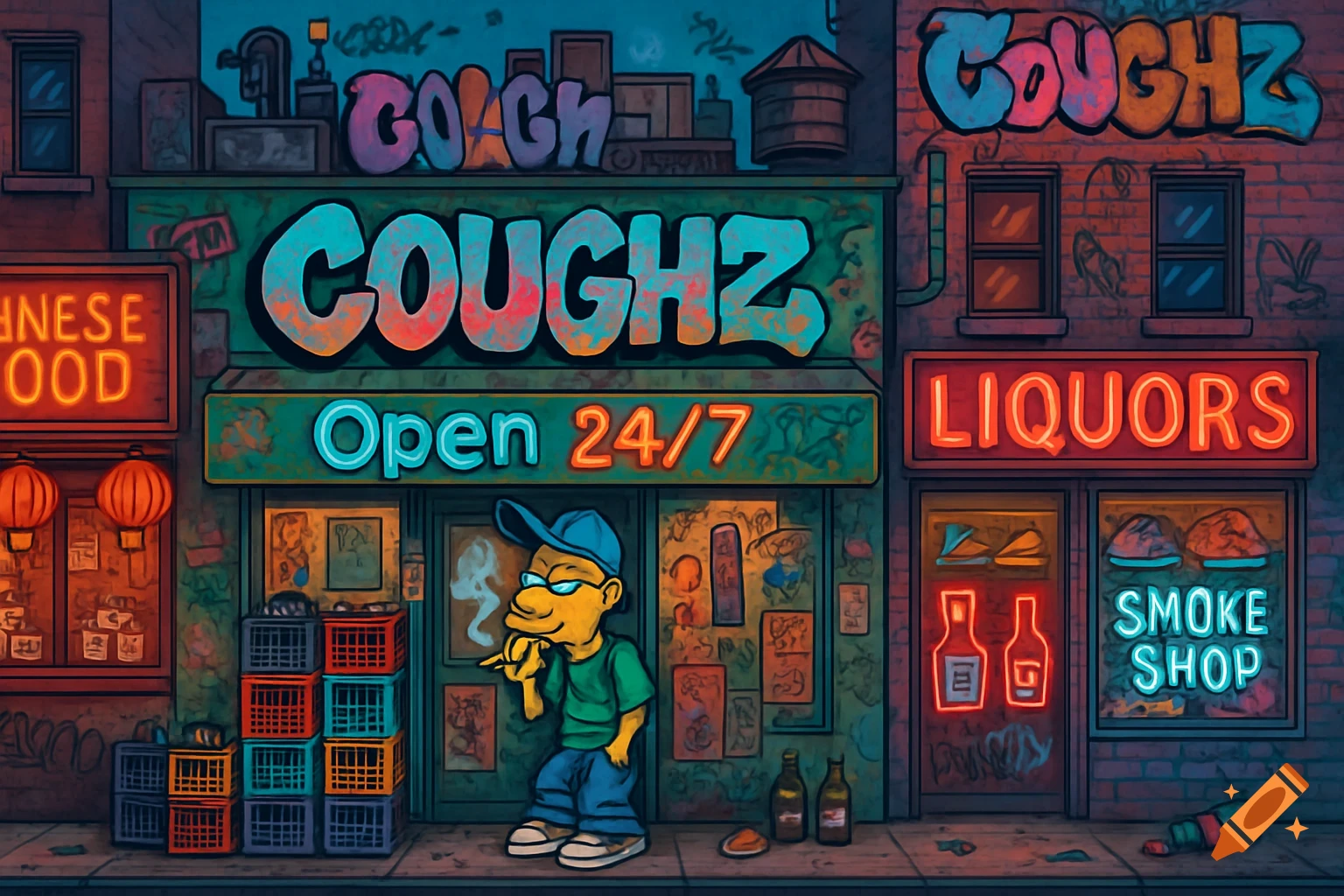 A Homer Simpson-like cartoon character smoking a blunt outside a colorful, neon-lit bodega with signs for "COUGHZ", "LIQUORS", "SMOKE SHOP", and "CHINESE FOOD".
