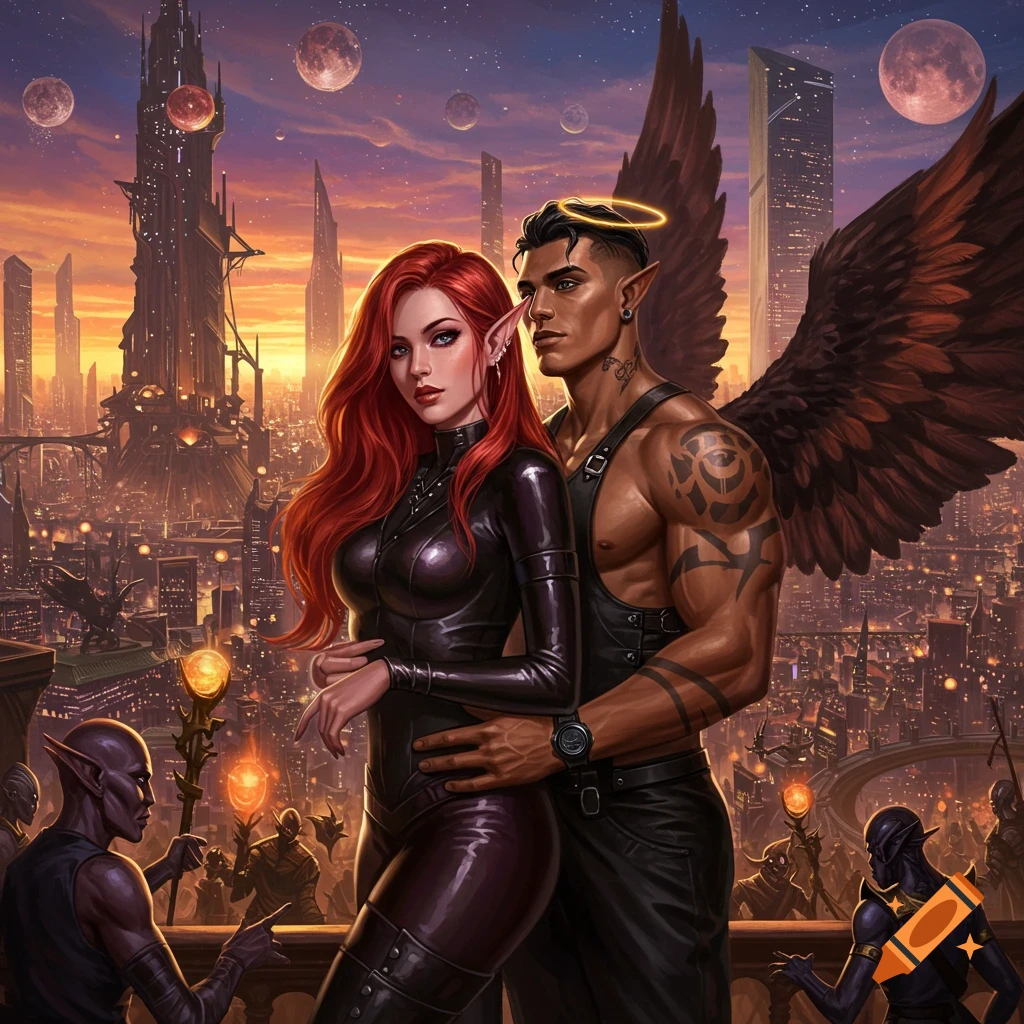 Red-haired woman in leather embraced by a winged man in a futuristic fantasy city at sunset under multiple moons. Digital art.