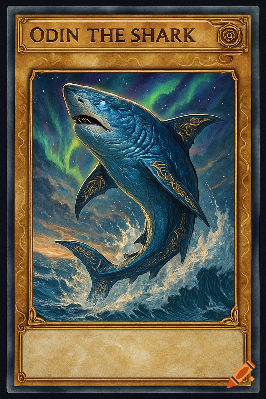 Fantasy trading card depicting a blue shark with golden patterns leaping from stormy waves under an aurora sky, titled 'Odin the Shark'.