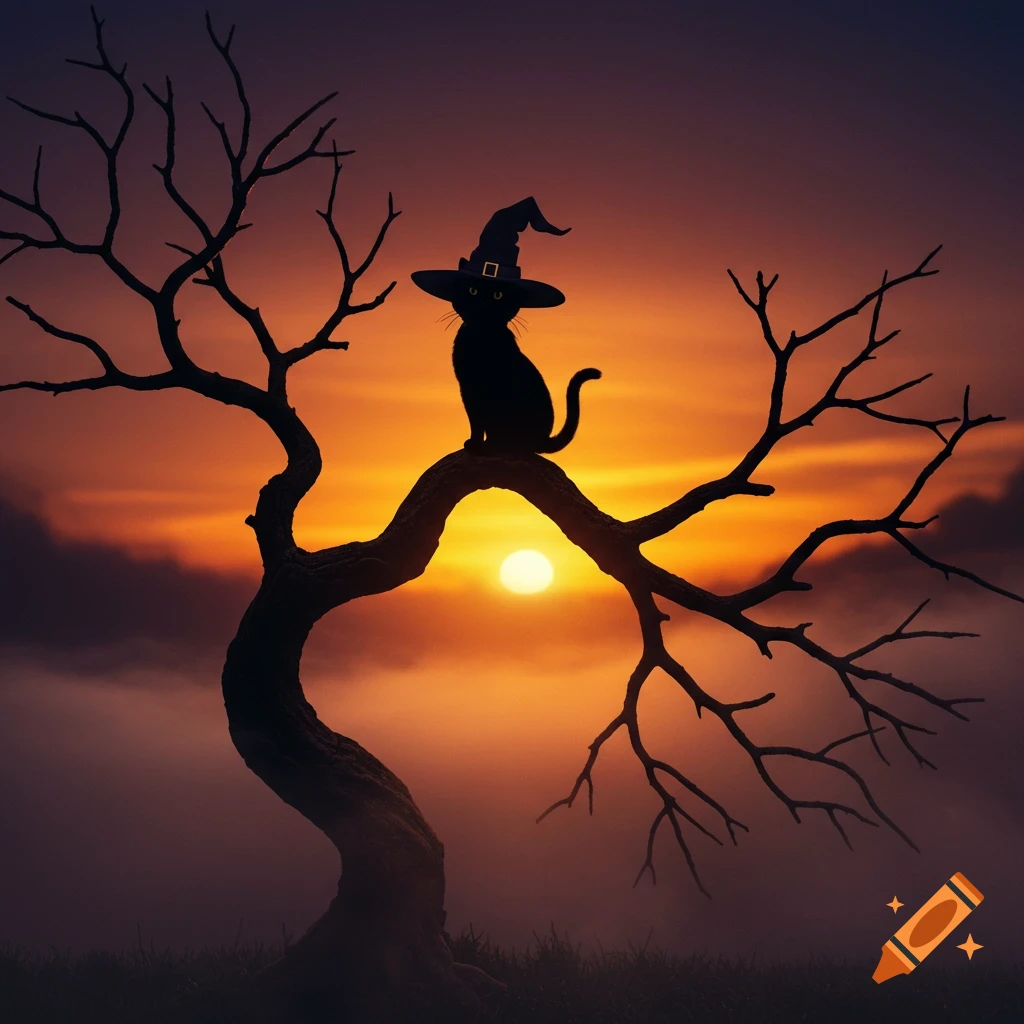 A black cat in a witch hat sits on a bare tree branch, silhouetted against a vibrant orange and purple sunset.