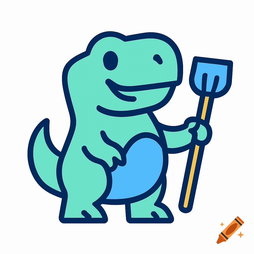 A friendly, cartoonish green T-Rex with a blue belly smiles and holds a blue and yellow shovel, on a plain white background, in vector art style.