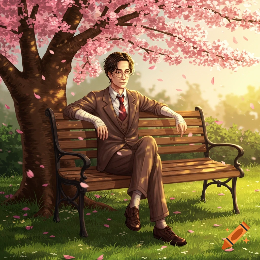Anime man with glasses and arm bandages sits on a park bench under a pink cherry blossom tree.