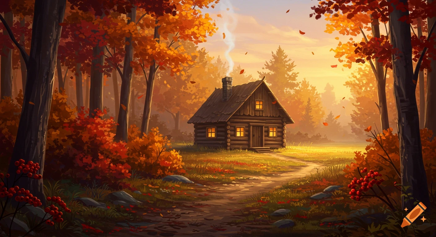 A picturesque digital painting of a cozy log cabin in a vibrant autumn forest at sunset, with smoke rising from its chimney.