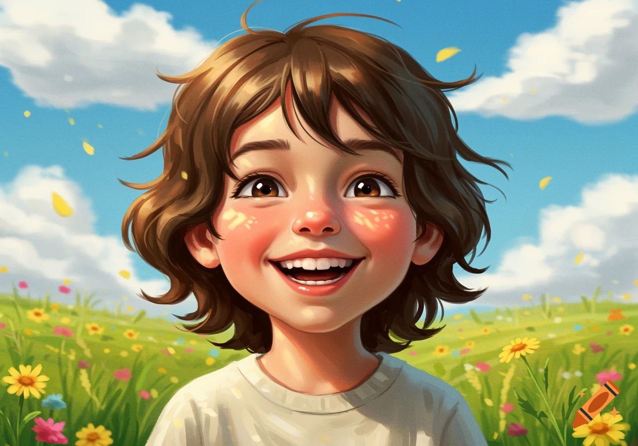 A happy cartoon child with brown hair laughs in a vibrant field of colorful flowers under a blue sky.