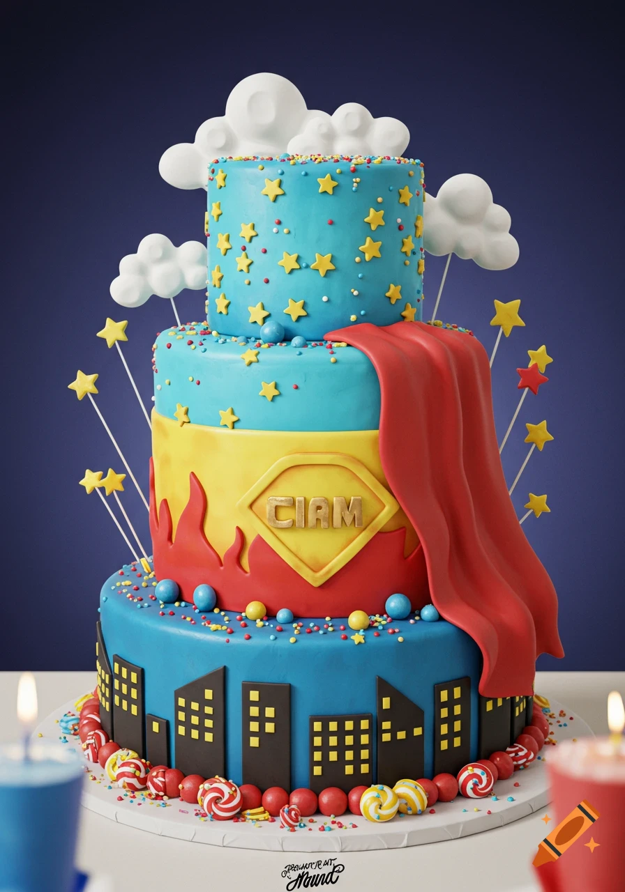 A vibrant three-tiered superhero birthday cake with blue, yellow, and red layers, decorated with clouds, stars, a city skyline, and a draped red cape.