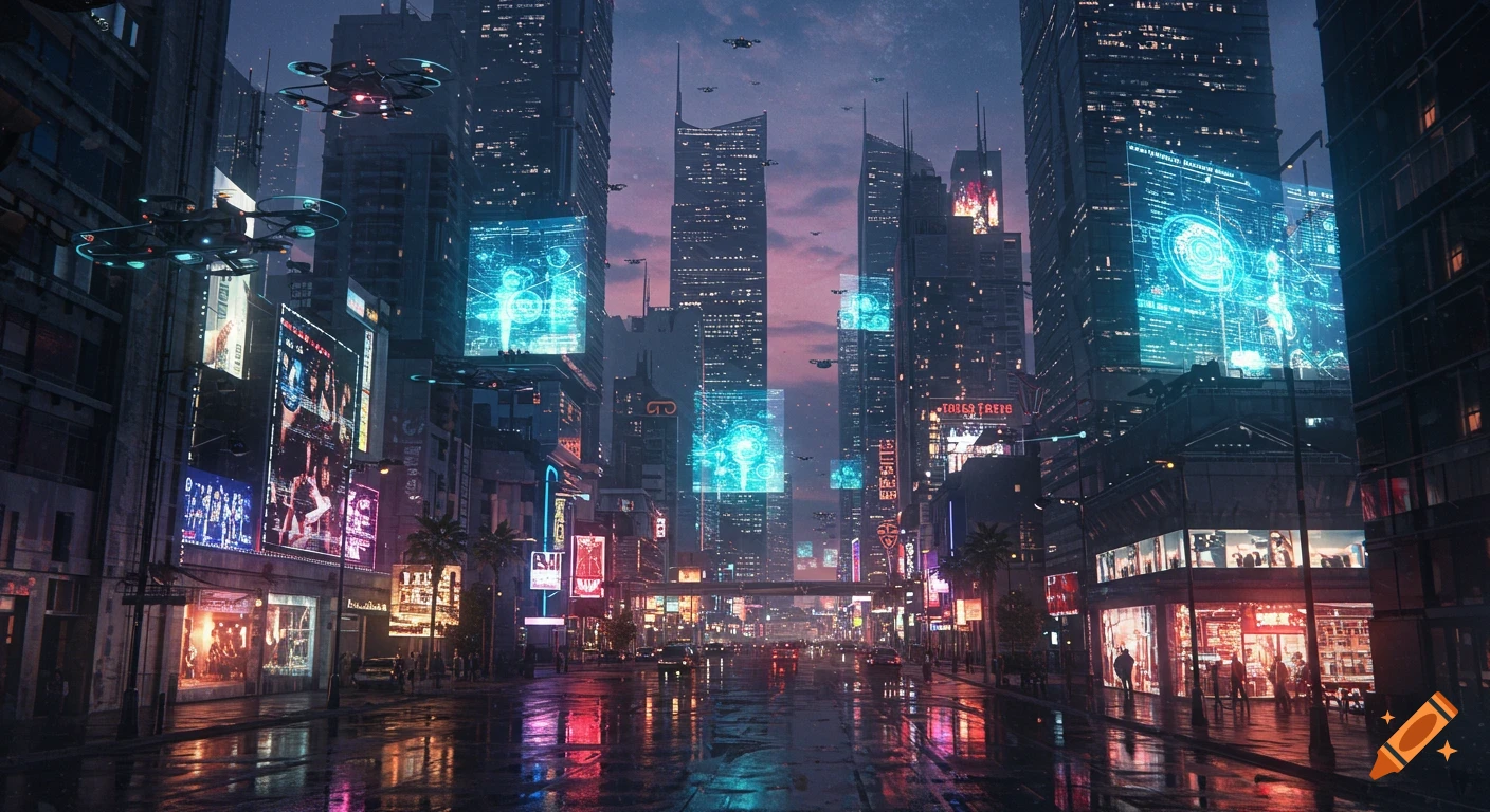 Photorealistic, ultra-detailed view of a futuristic city skyline at dusk, with wet, reflective streets, neon holograms, and flying drones.