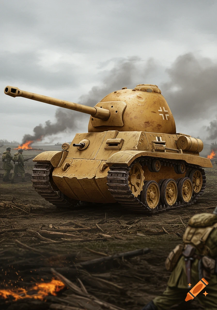 A stylized, tan WWII tank with German crosses on a muddy battlefield, with soldiers and fires under a cloudy sky.