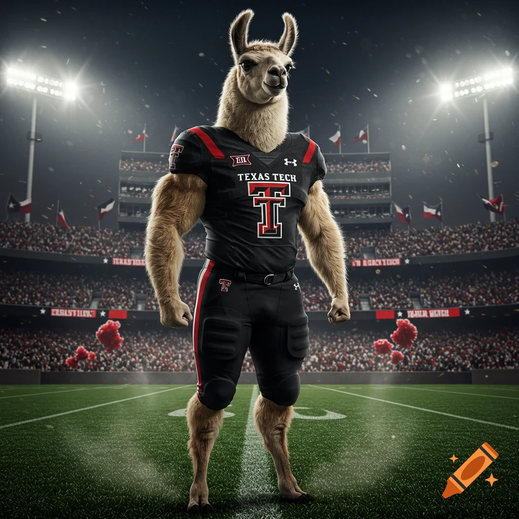 A muscular llama in a black Texas Tech football uniform stands on a stadium field, illuminated by bright lights.