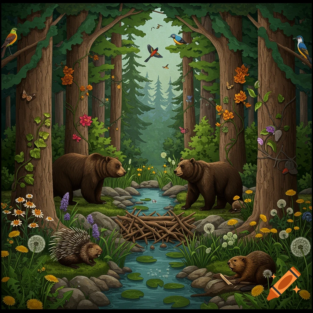 Detailed illustration of a forest with two bears, a beaver, a porcupine, birds, and wildflowers by a stream.