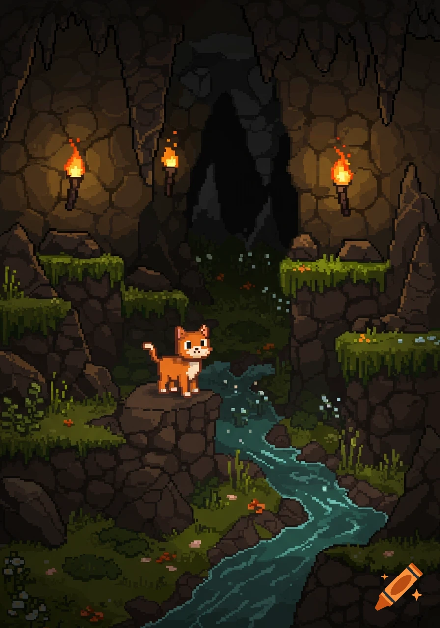 A pixel art orange and white cat stands on a rock in a dark, torchlit cave with a flowing stream.