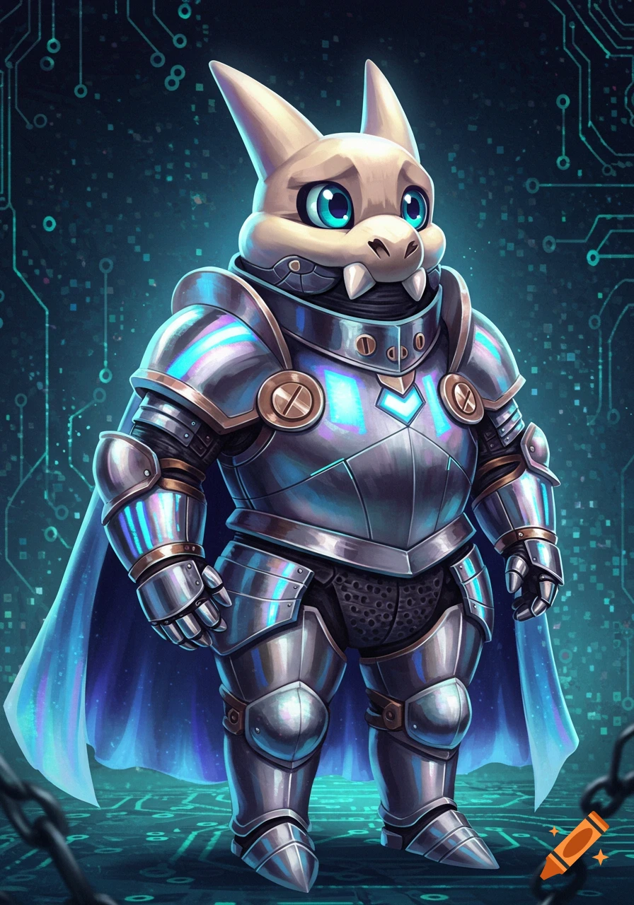 A cartoon creature with a bone skull-like head and blue eyes wears shiny blue and silver knight armor and a blue cape, standing against a dark digital circuit background.