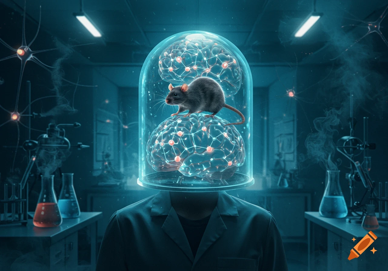 Surreal image of a person in a lab coat, their head replaced by a glass dome containing a rat on glowing brains in a blue-lit laboratory.