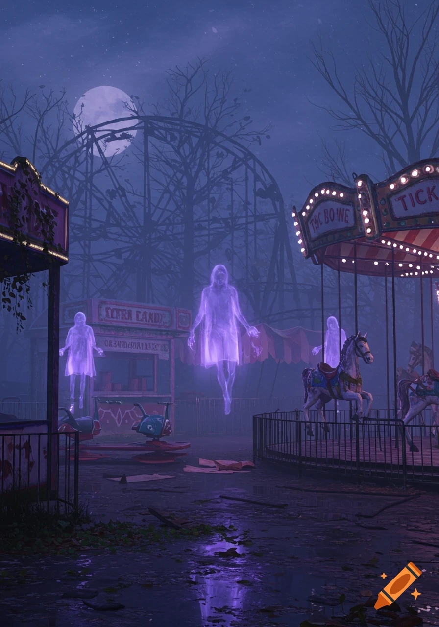 Purple glowing ghosts float among abandoned rides at a spooky amusement park under a full moon, with bare trees in the background.