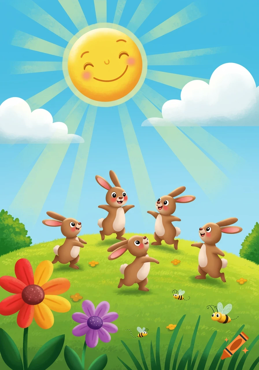 Five happy cartoon rabbits play on a green hill with flowers, bees, clouds, and a smiling sun under a blue sky.